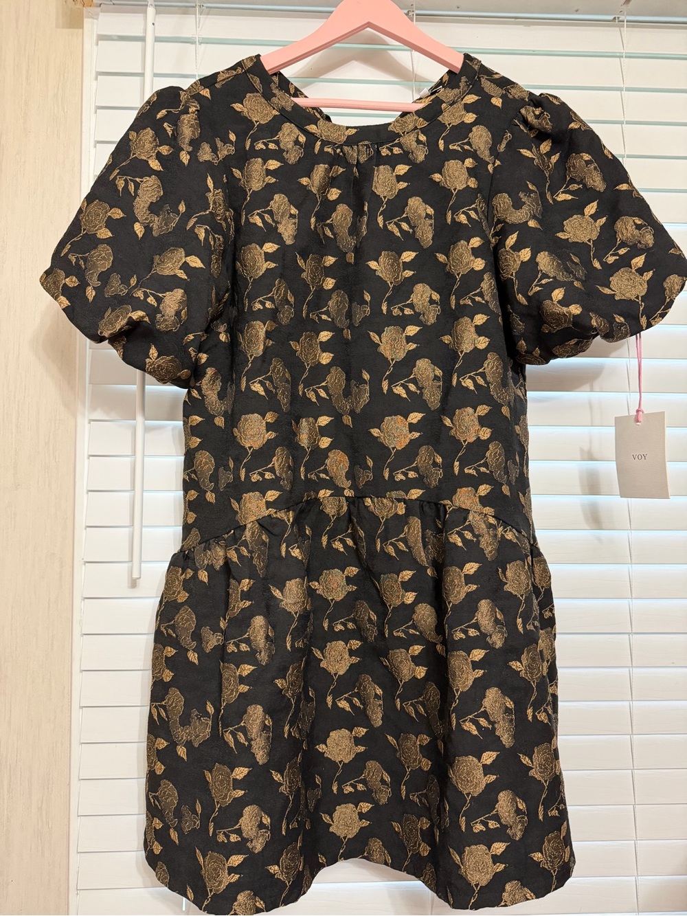 Women’s Black & Gold Floral Puff-Sleeve Dress NWT